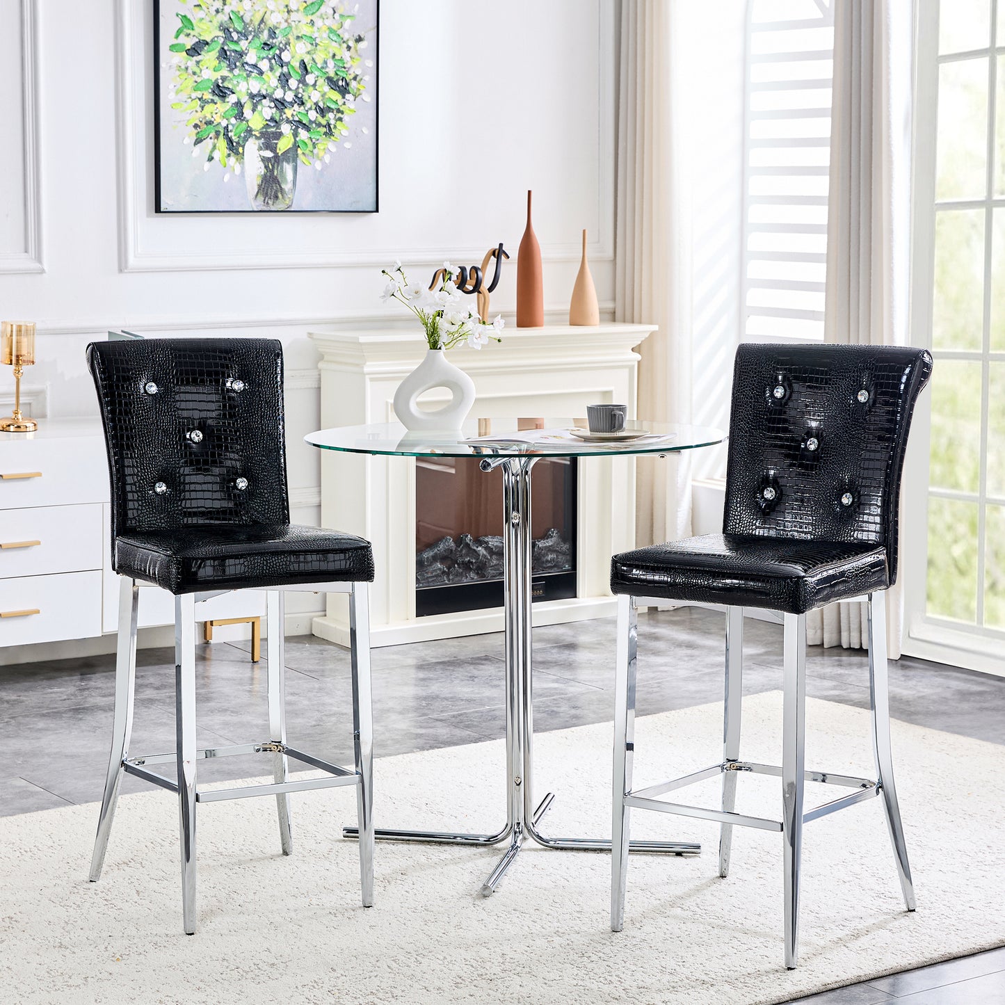 A Set Of 2 Black Vintage Crocodile Leather Bar Chairs, Featuring
