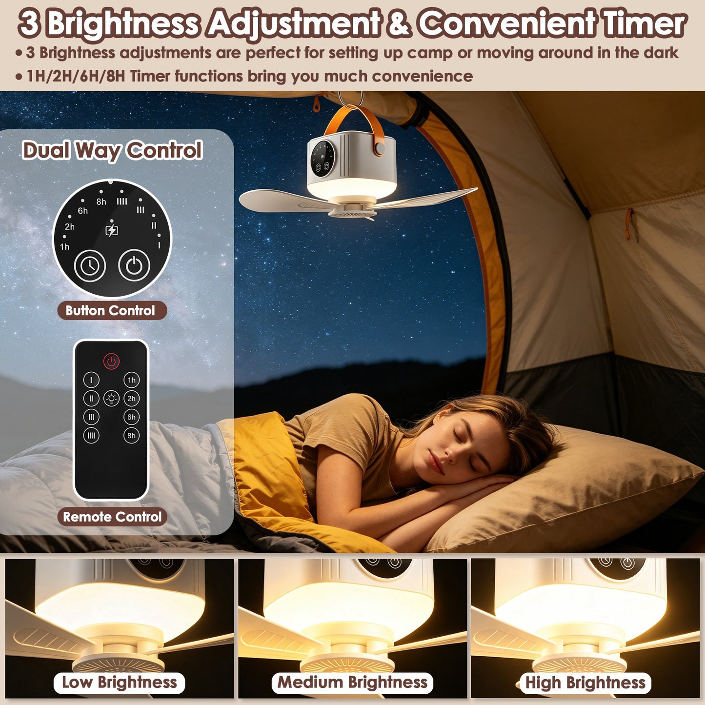 Rechargeable Tent Ceiling Fan with Light and Remote Control - 7200mAh Portable Camping Fan