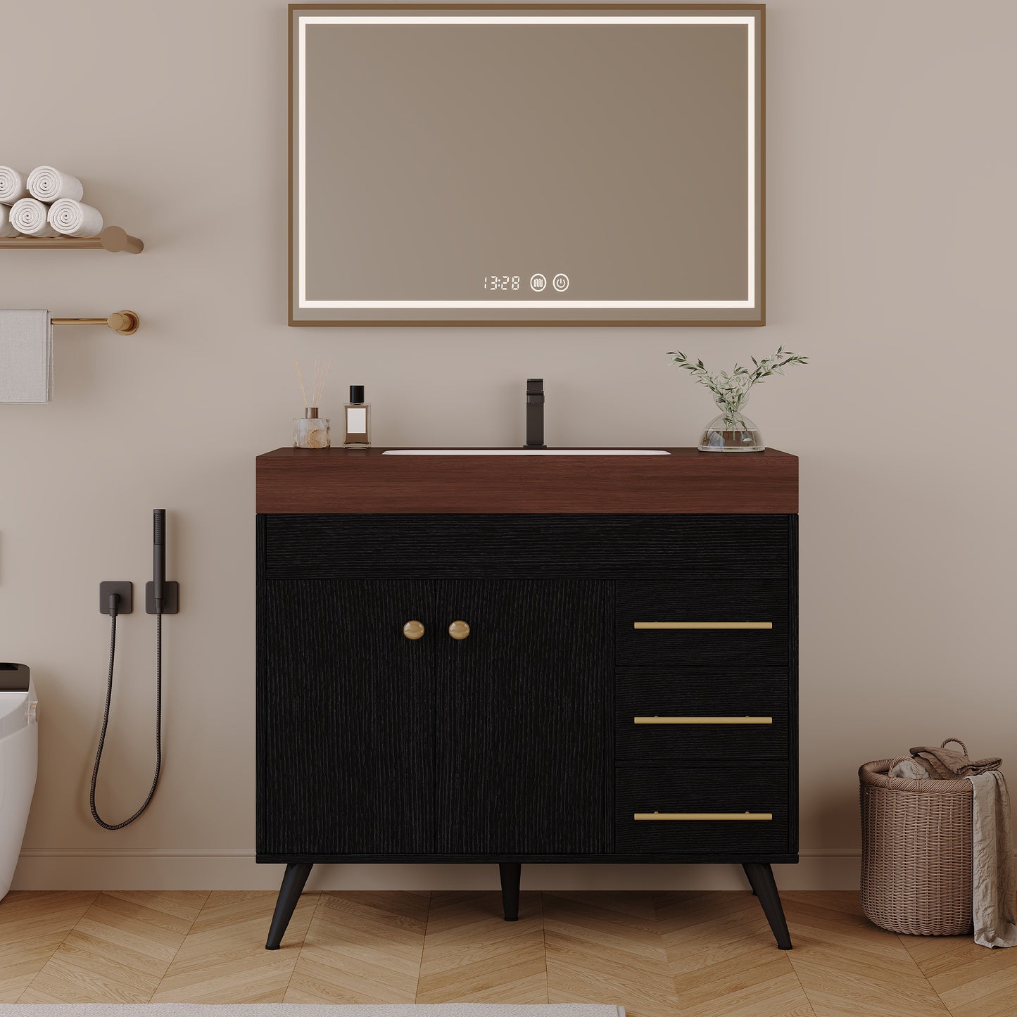 36" Freestanding Bathroom Vanity with Ceramic Sink & Faux Marble Top - Black Walnut