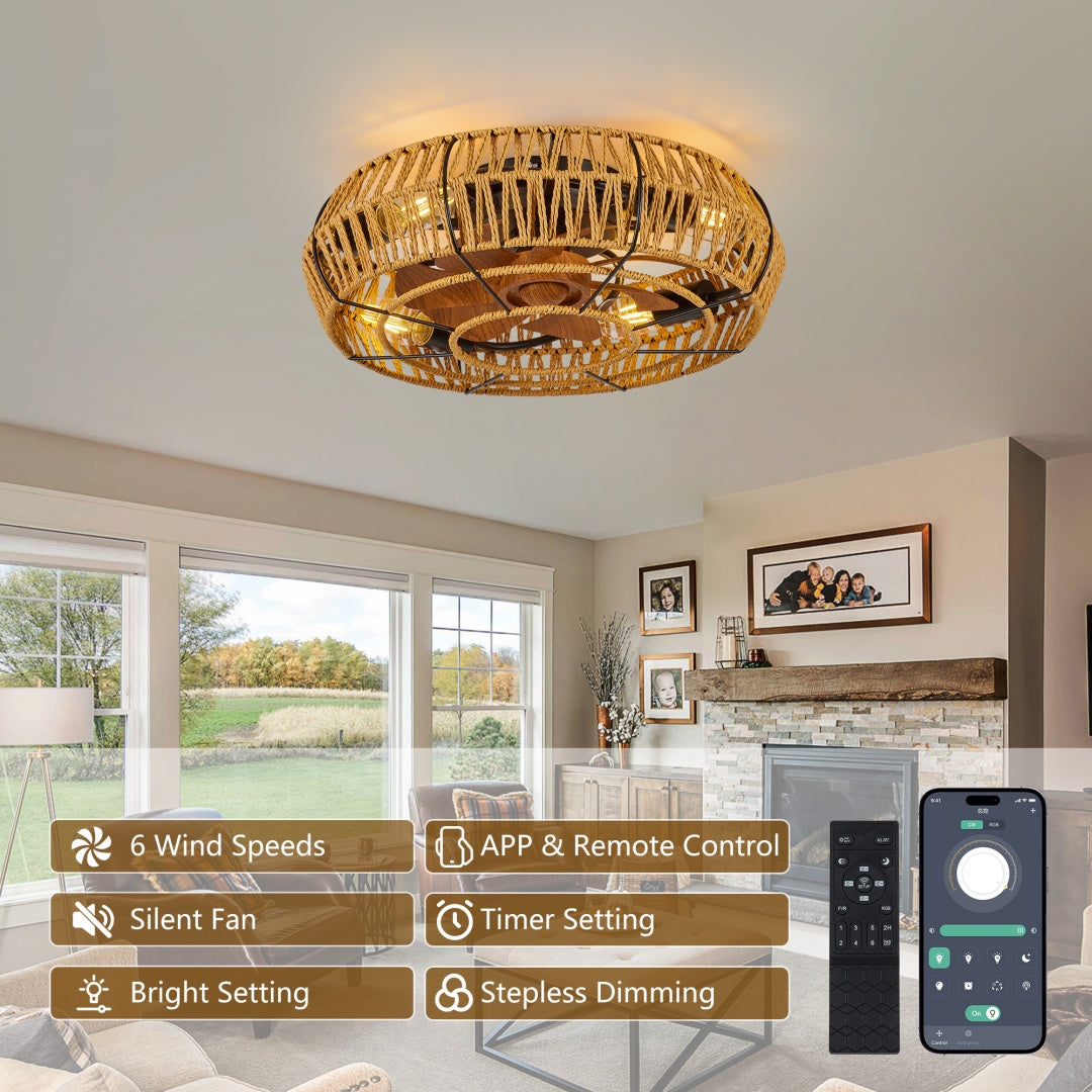 19-Inch Caged Ceiling Fan with Lights & Remote, Reversible Low Profile Flush Mount