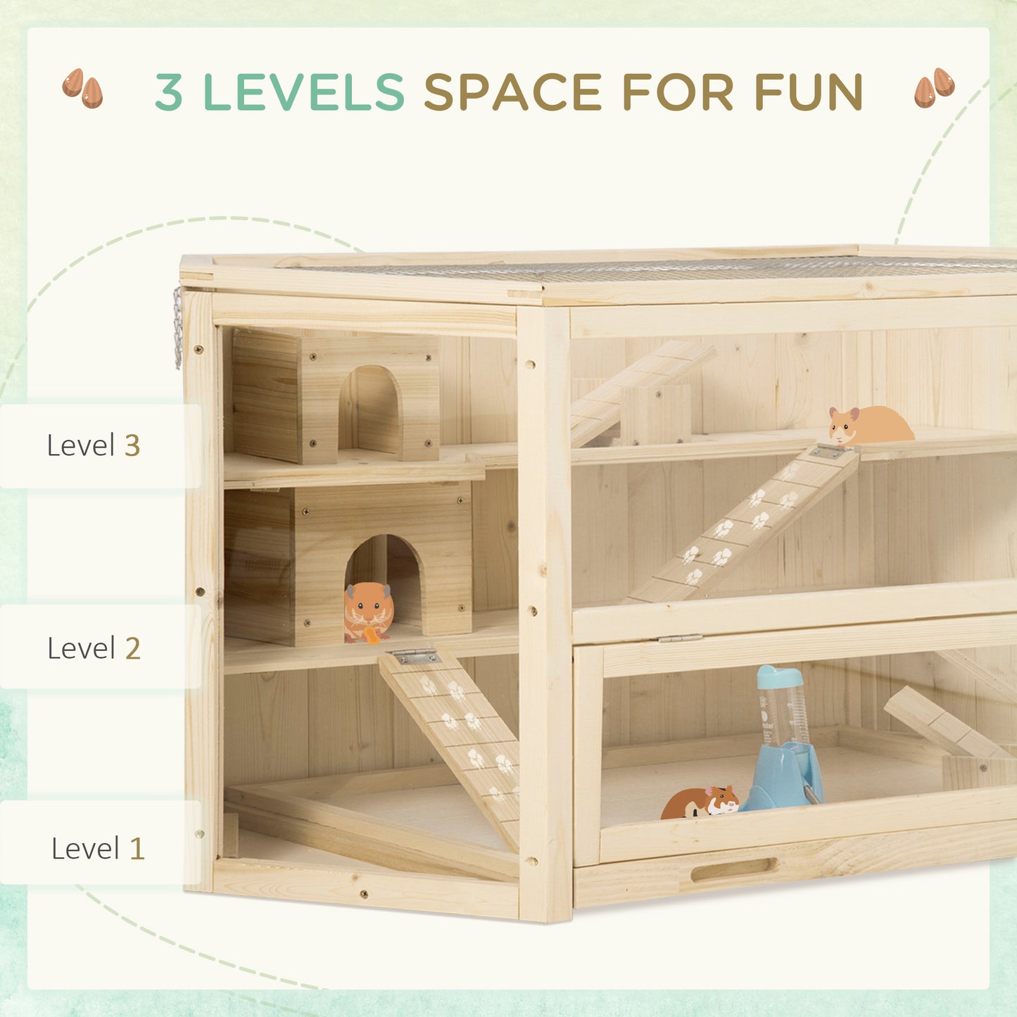 Large Wooden Hamster Cage with 3 Tiers, Seesaws & Water Bottle - Natural