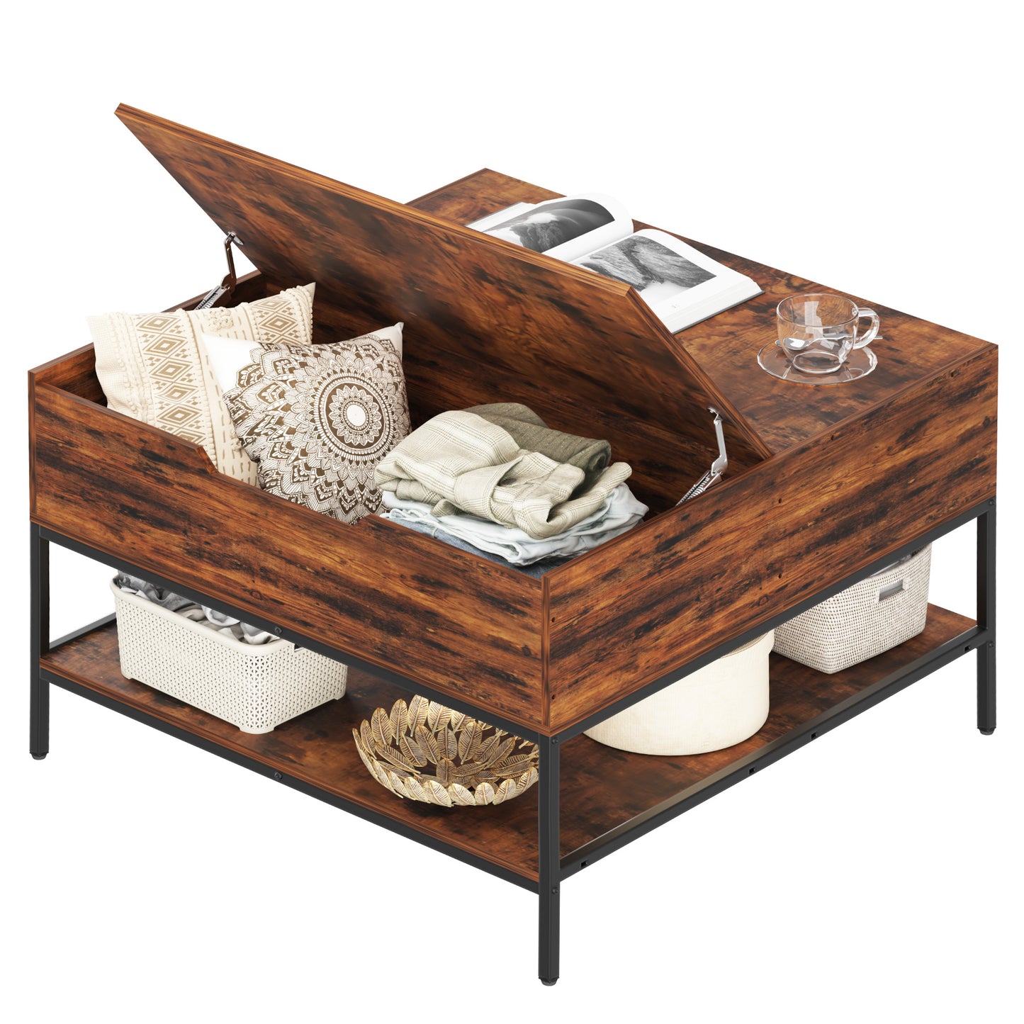 Farmhouse Flip Top Coffee Table With Storage -31.5 Rustic Wood Grain