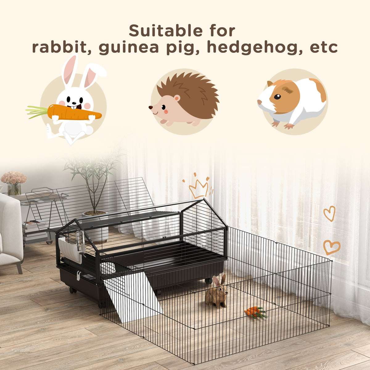 Small Animal Playpen Cage with Wheels and Water Bottle - 46.5 Inches