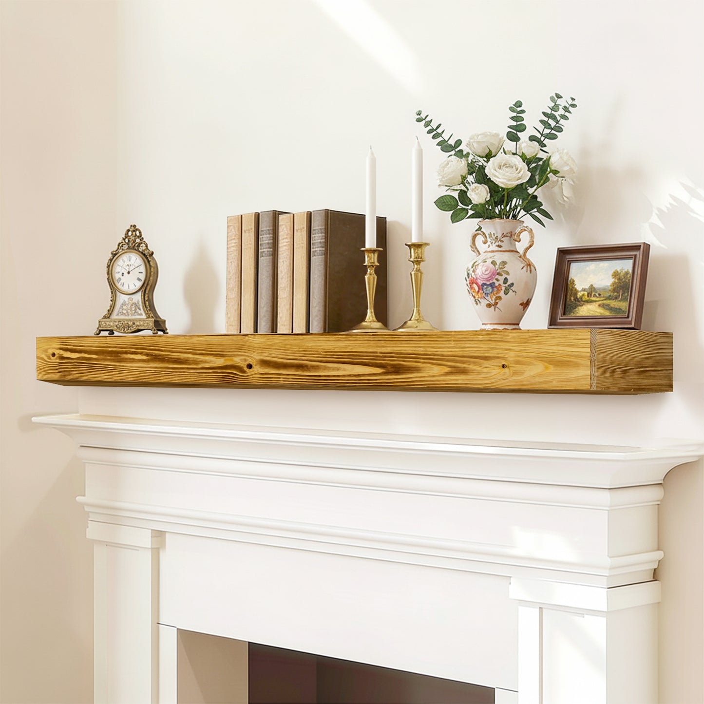 60 Fireplace Mantel, Rustic Mantle Shelf With Invisible Brackets,