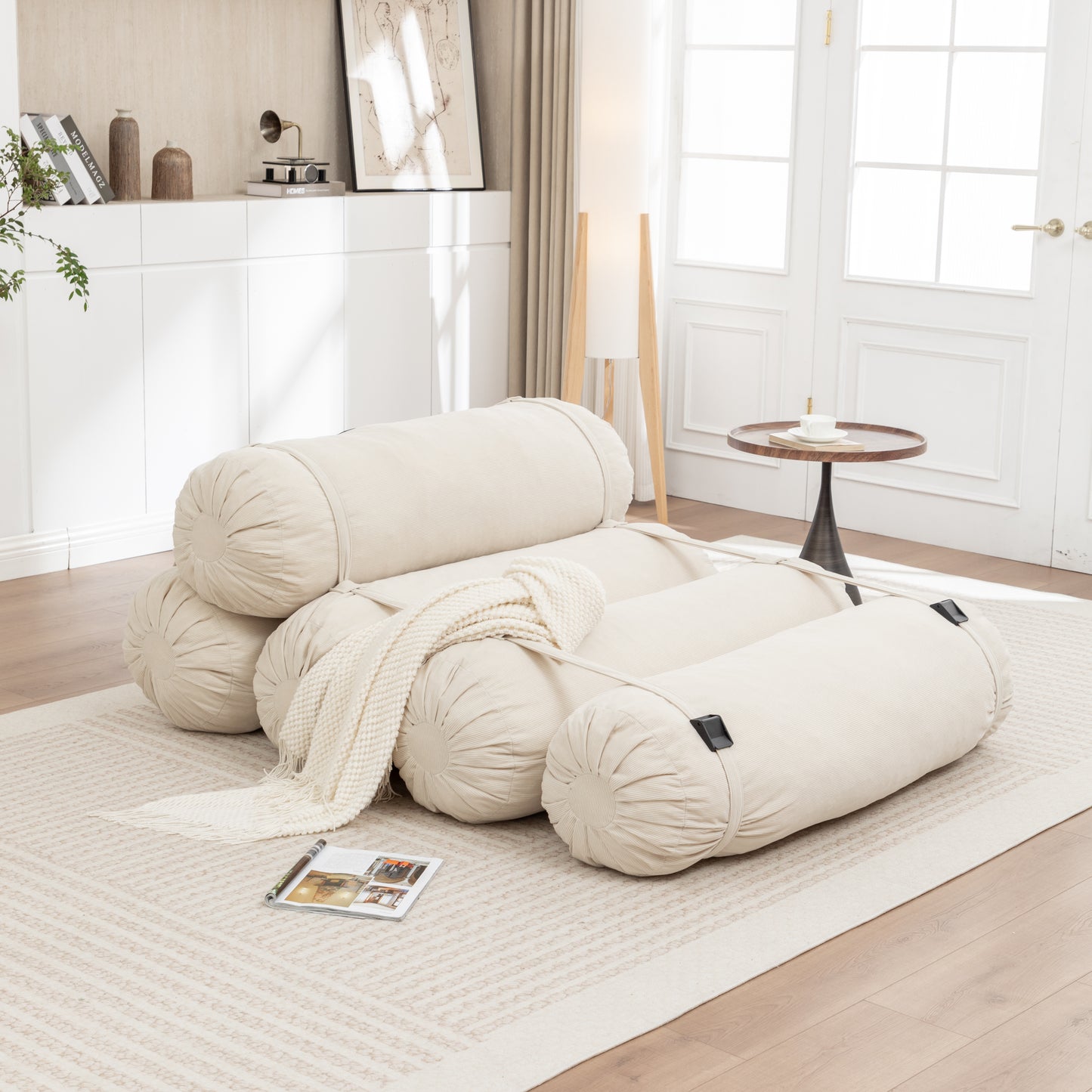 Adjustable Corduroy Floor Sofa - Beige Multi-Person Lounger