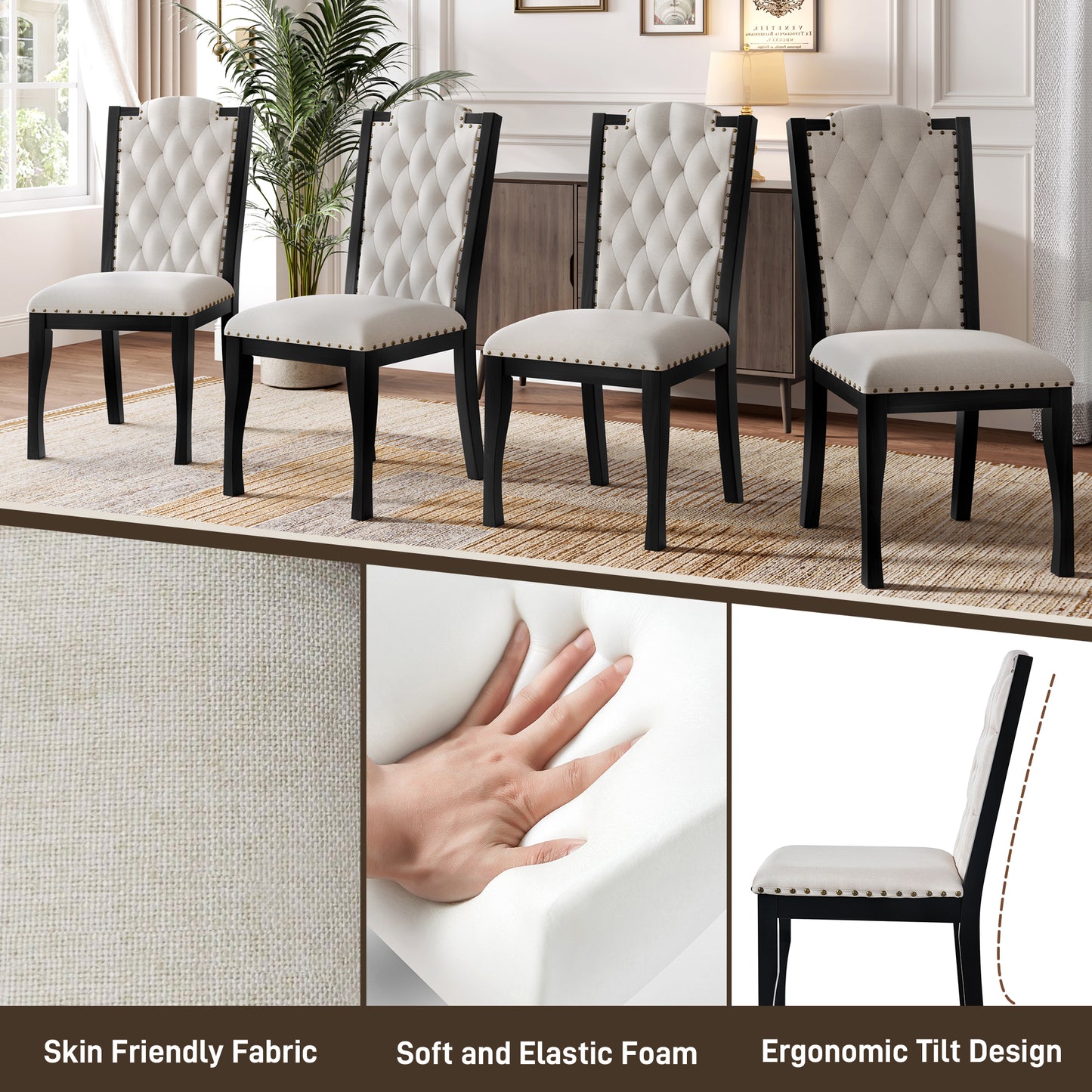 Upholstered Dining Chairs Set Of 4, High Back Diamond Button Tufted