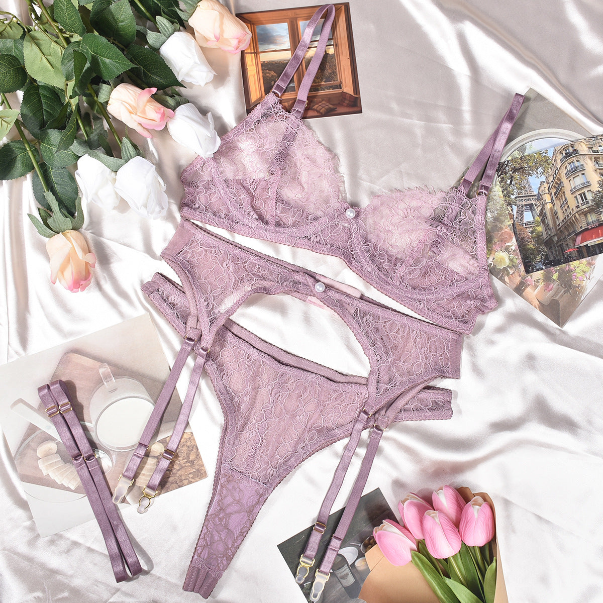 Women's Underwear Set with Bra, Panties, Garter Belt & Leg Rings - Light Purple