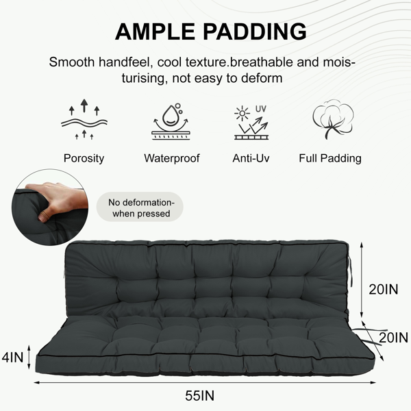Outdoor Swing Cushions 55 Inch Waterproof 4-Inch Thick Patio Seat Pad with Backrest & Ties - Dull Grey