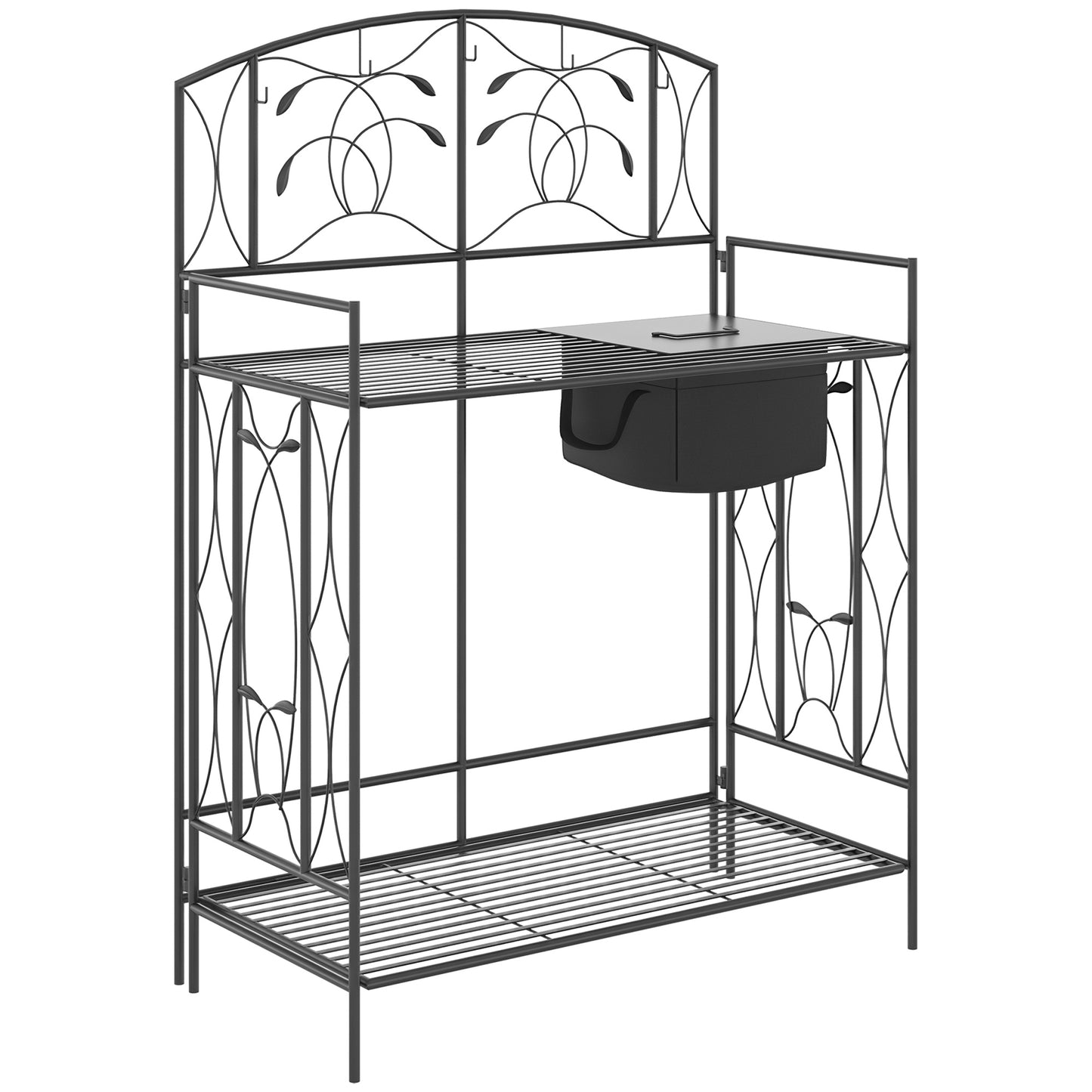 Folding Garden Potting Bench Table with Storage Bag and Hooks - Black, 1285x860mm