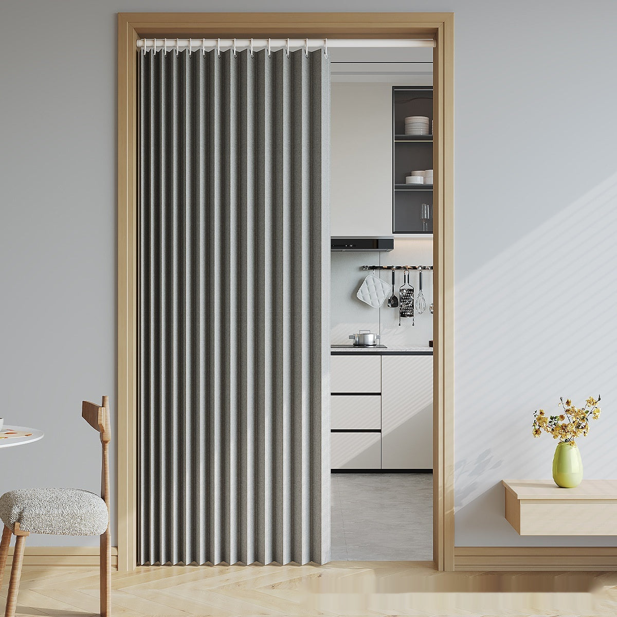 Folding Room Divider Curtain for Home & Garden, Solid Color, Adjustable Size