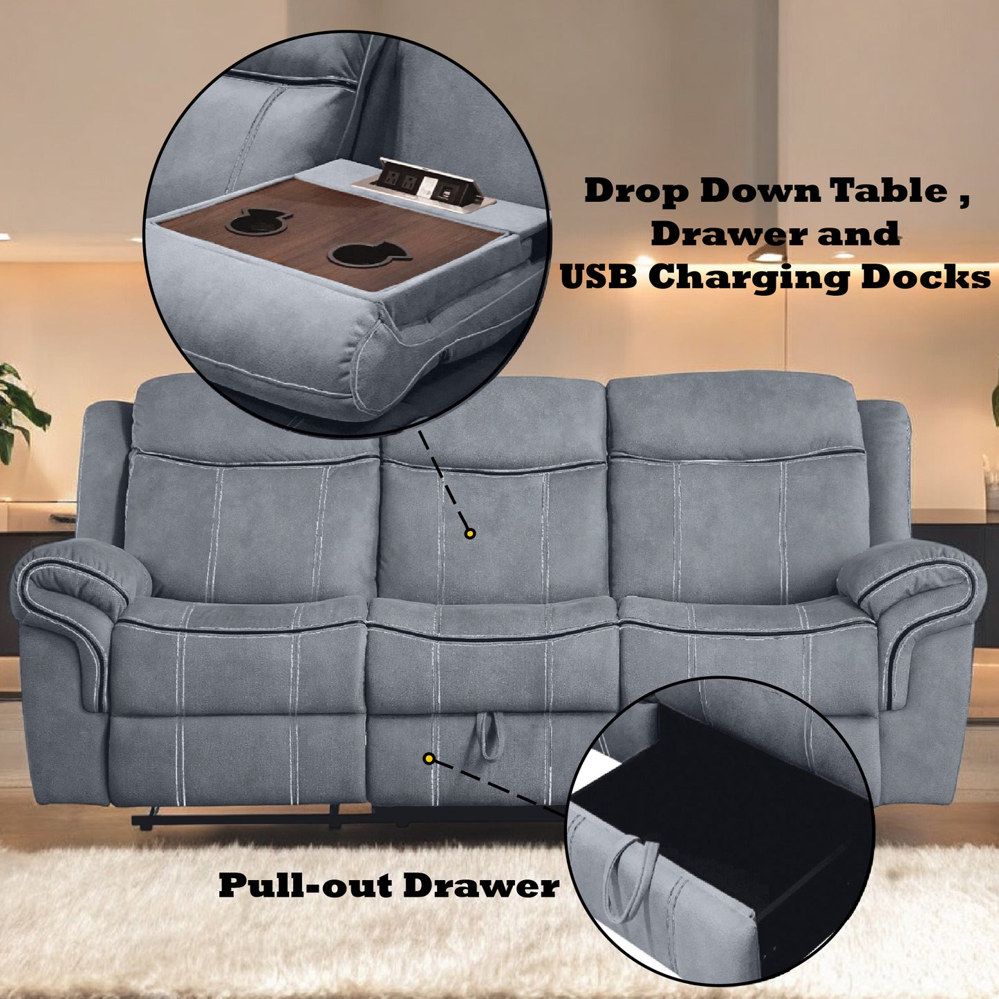 Gray Velvet Recliner Sofa with USB Port & Drop Down Table