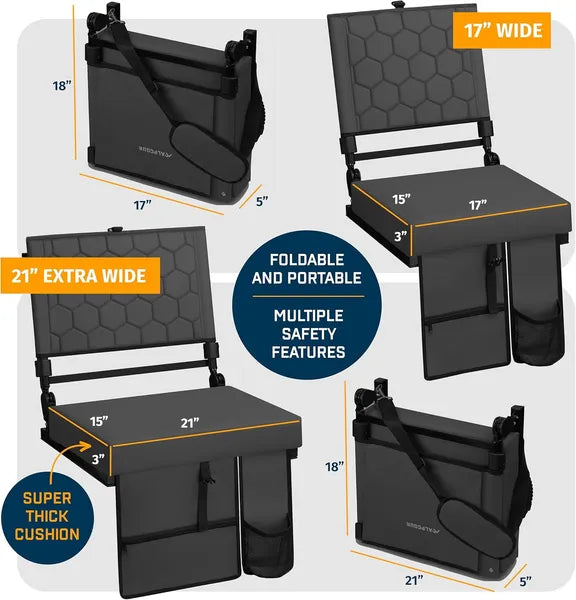 Folding Reclining Stadium Seat with Back Support - Black