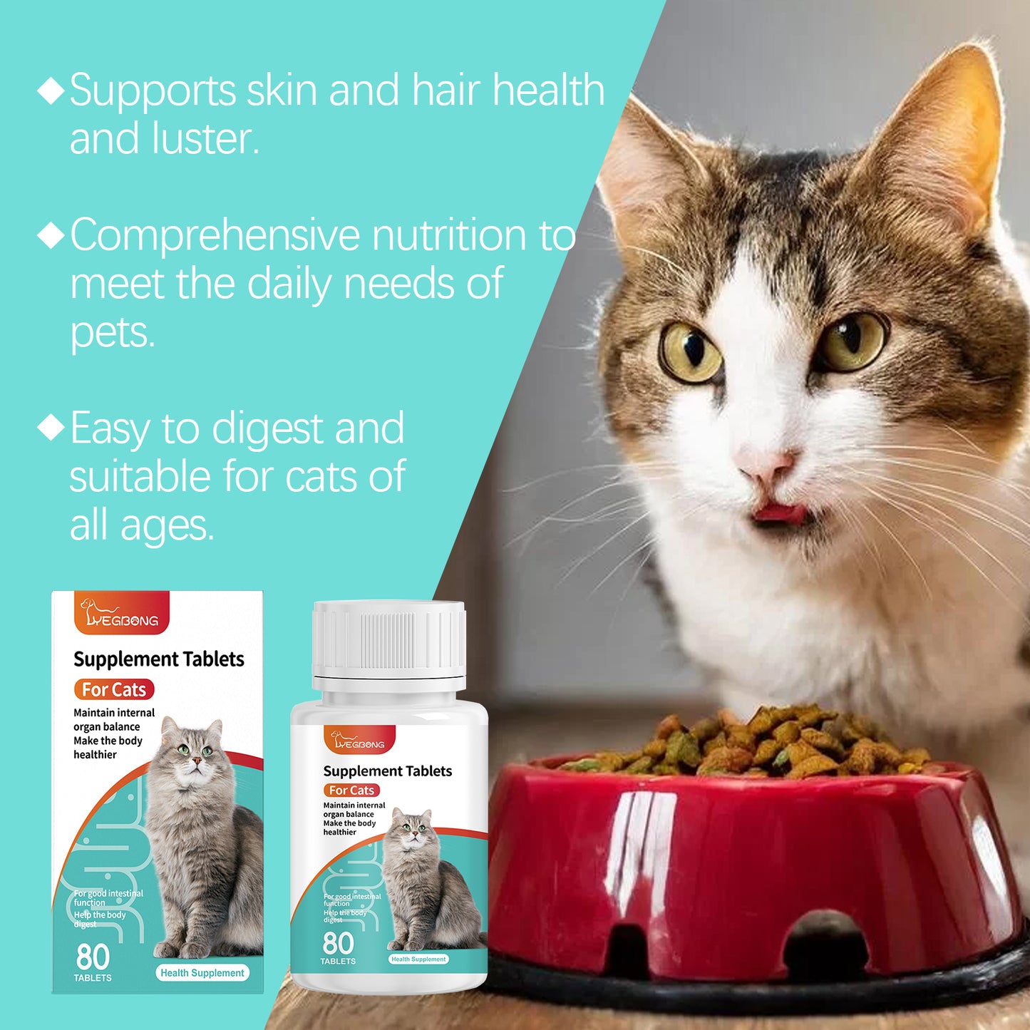 Cat Probiotic Supplement Tablets for Digestive & Immune Support - 80 Count