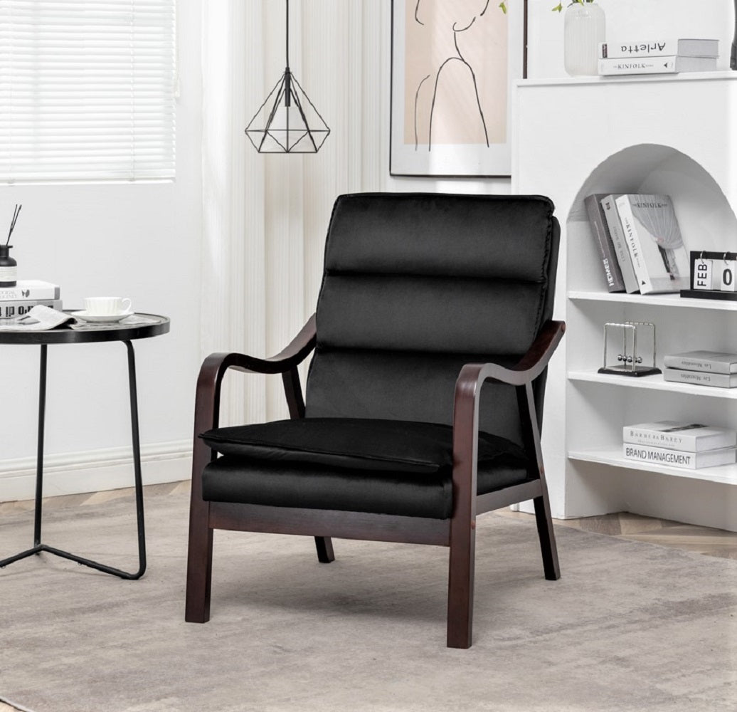 Mid-Century Modern Black Accent Chair With Wood Armrest, Upholstered
