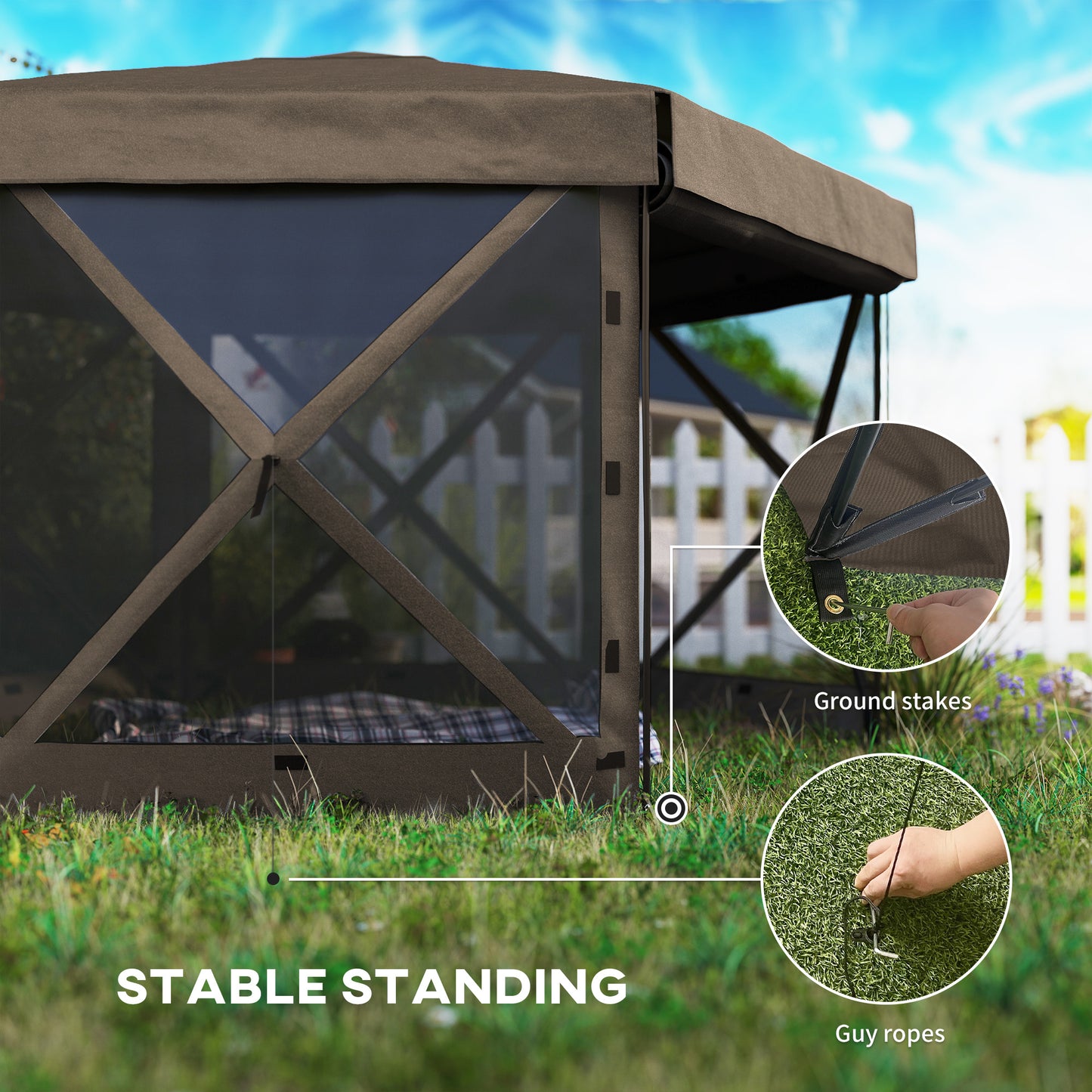 12x12 Hexagonal Pop-Up Canopy Tent with 5 Sidewalls - Brown
