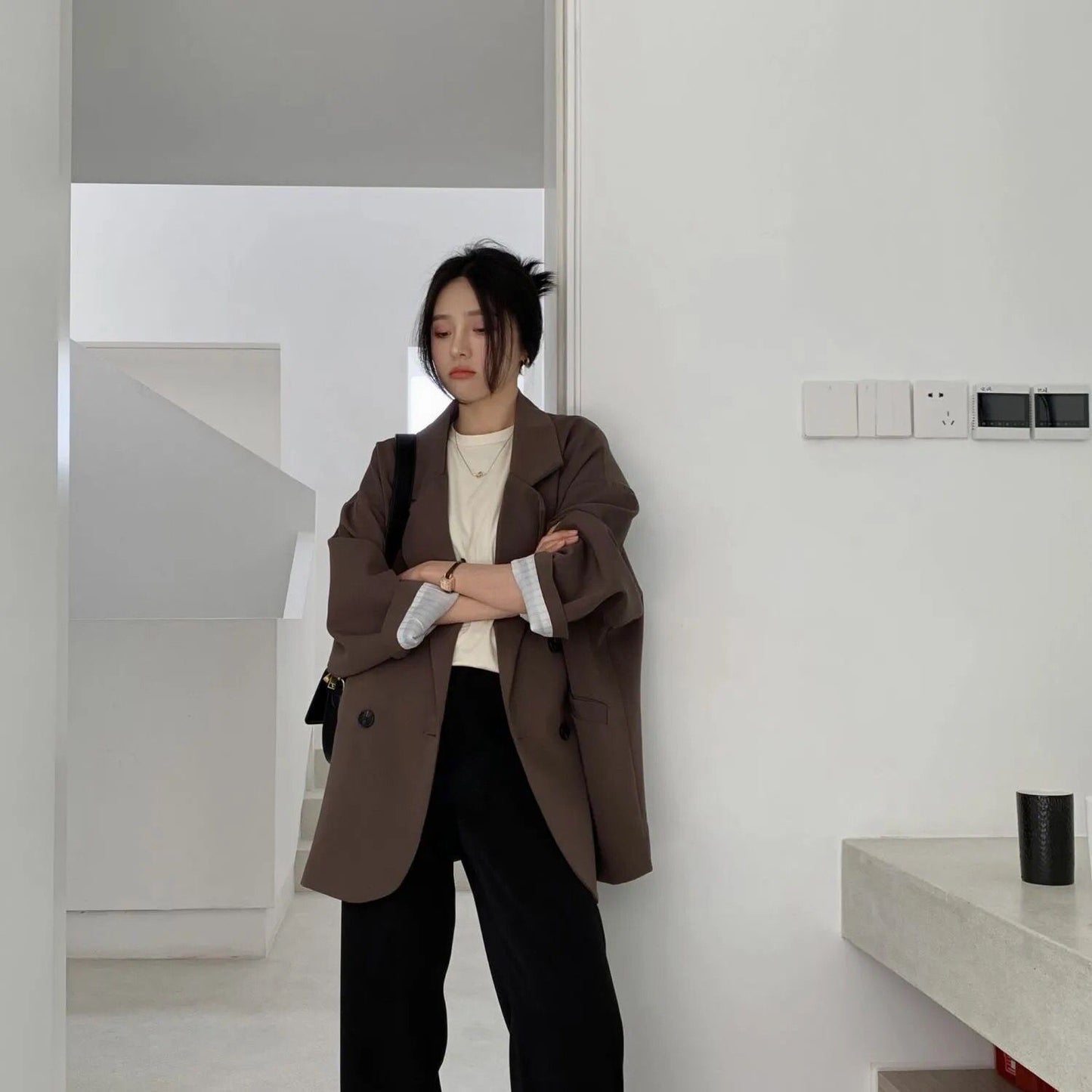 Women's Double Breasted Coffee Suit Jacket - Mid-Length