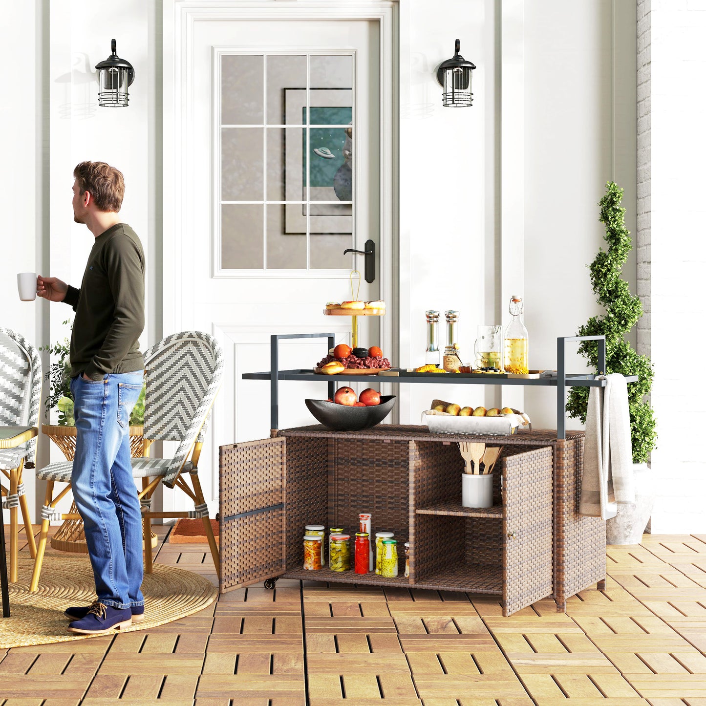 Outdoor Bar Cart with Glass Top & Storage Cabinet - Mixed Brown