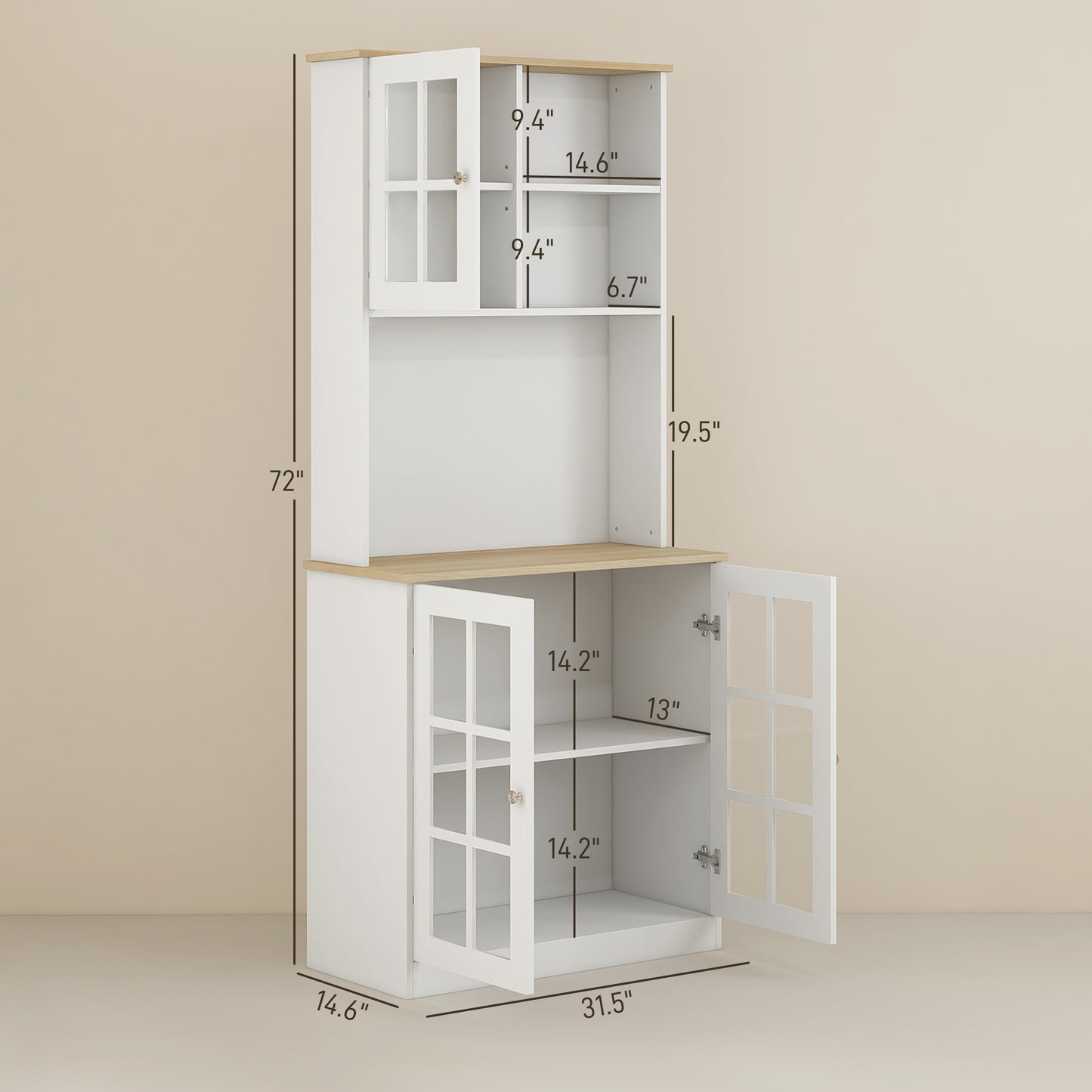 72" Freestanding Kitchen Pantry Cabinet with Hutch - White
