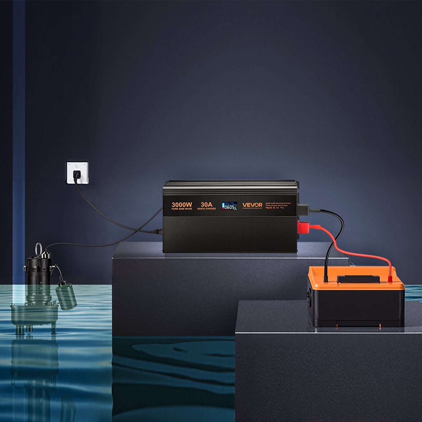 3000W Battery Backup Inverter for Sump Pumps with LCD Display - Black