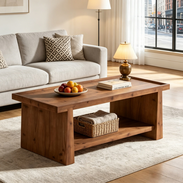Solid Wood End Table with Two-Tier Storage - Rustic Design