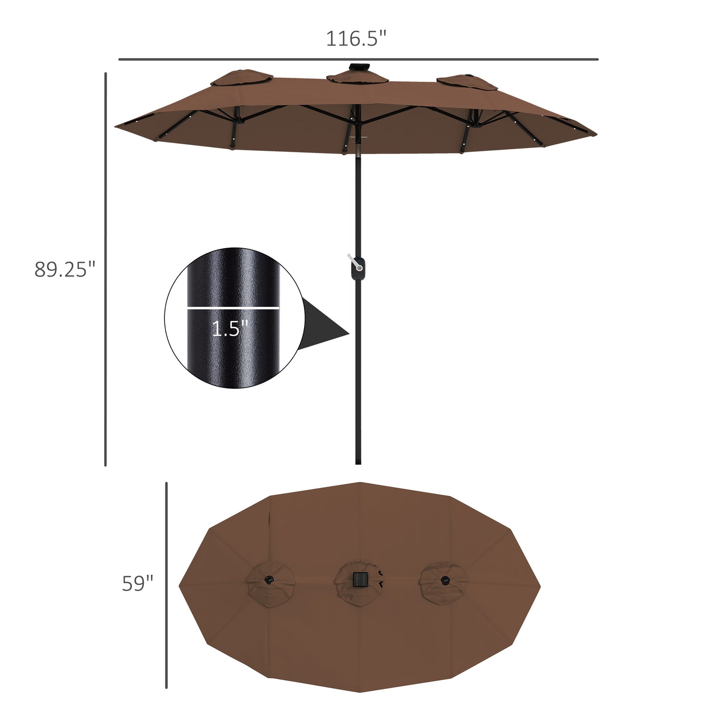 Double-Sided Patio Umbrella with Solar LED Light - Coffee