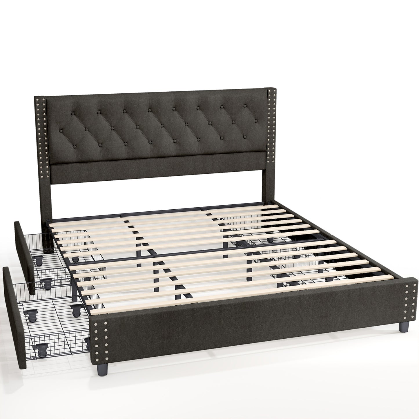 King Size Upholstered Bed Frame with Storage Drawers - Velvet Headboard
