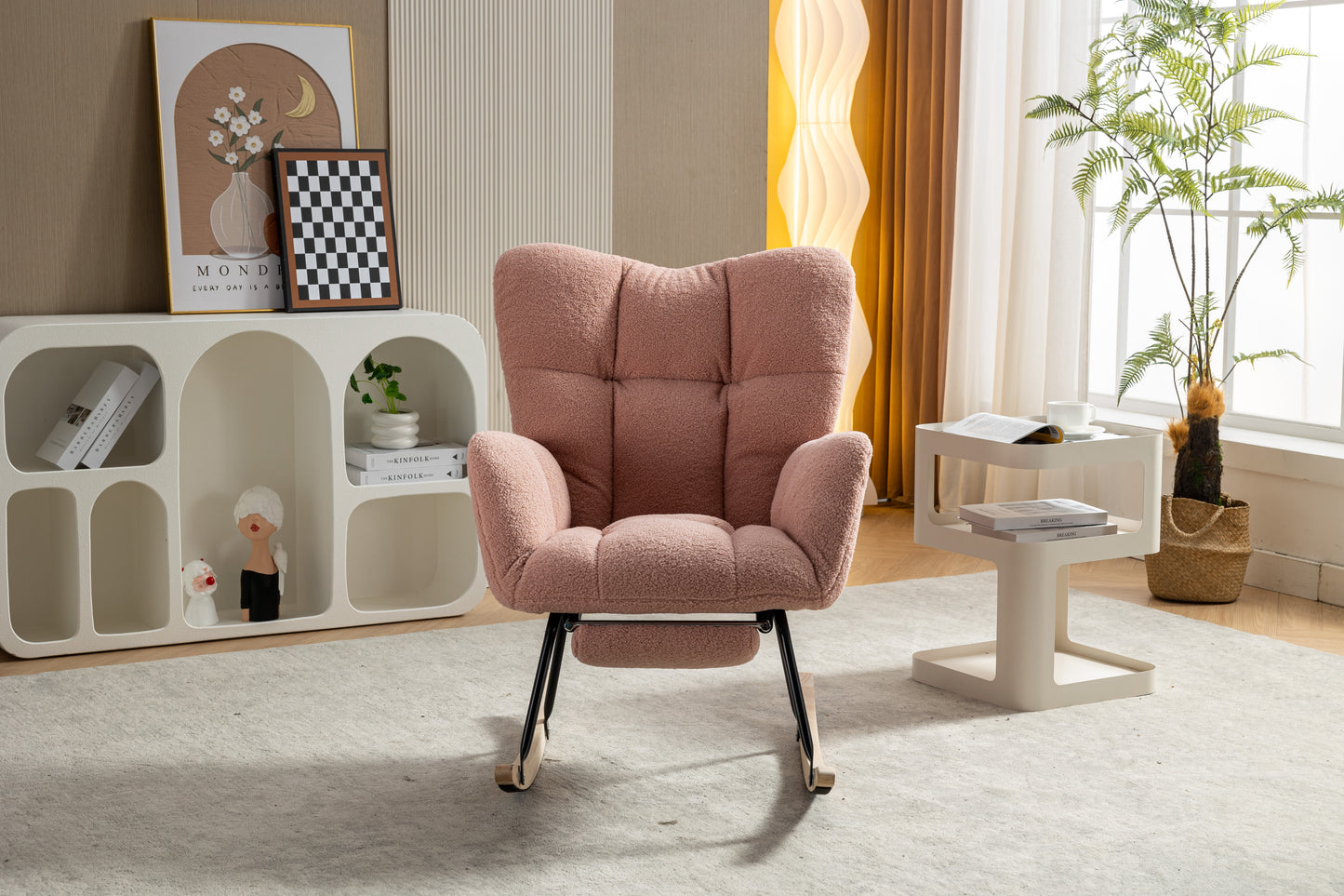 Pink Teddy Fabric Rocking Chair with Adjustable Footstool