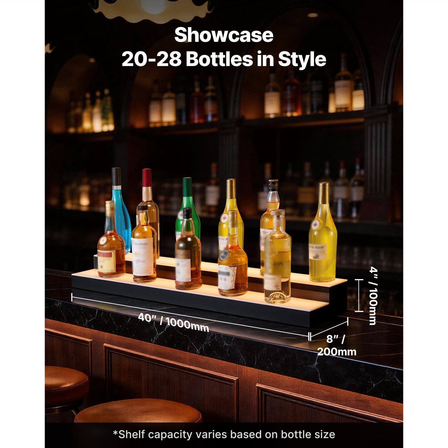 LED Lighted Liquor Bottle Display Shelf - 2 Tiers, USB & App Control, 40 Inch Acrylic Bar Decor