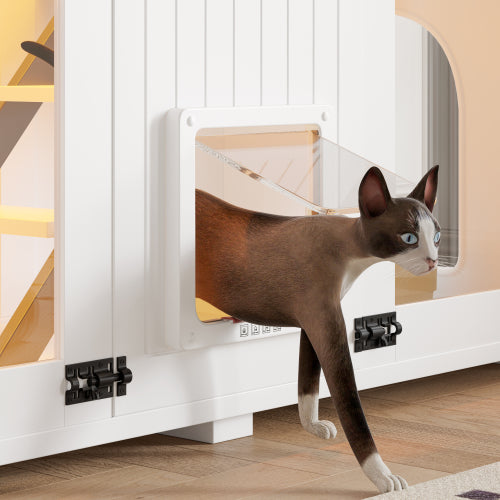 Large Cat Litter Box Enclosure with LED Light and Stairs - White