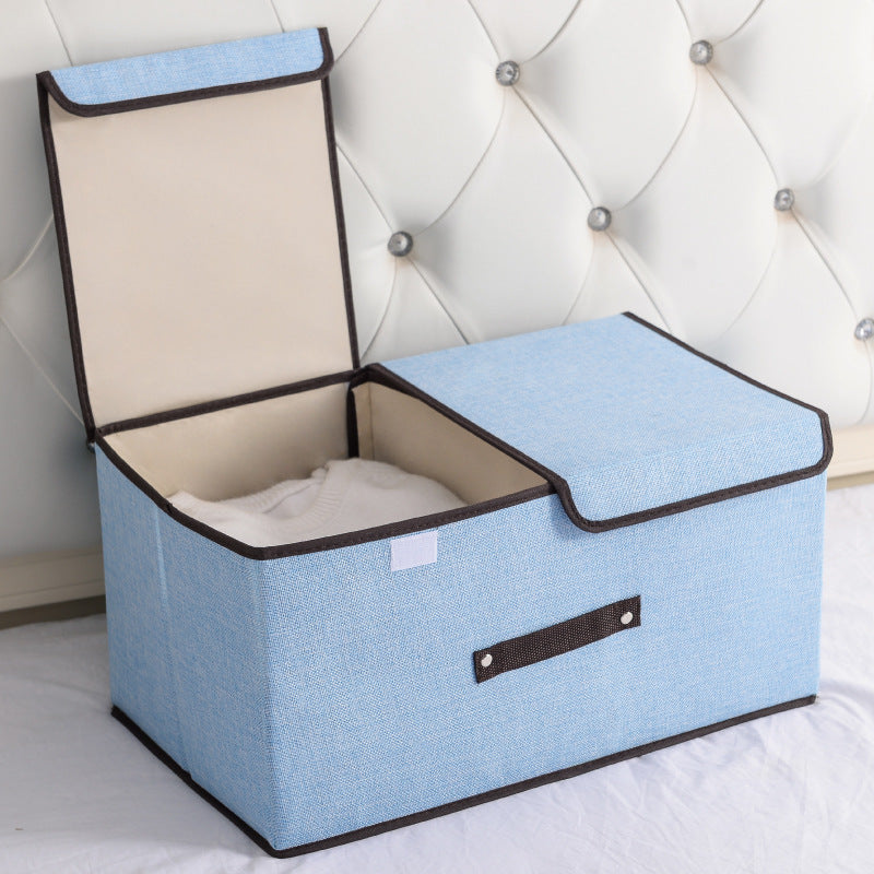 Foldable Cotton Linen Storage Box with Double Lid - Multi-Purpose Home Organizer