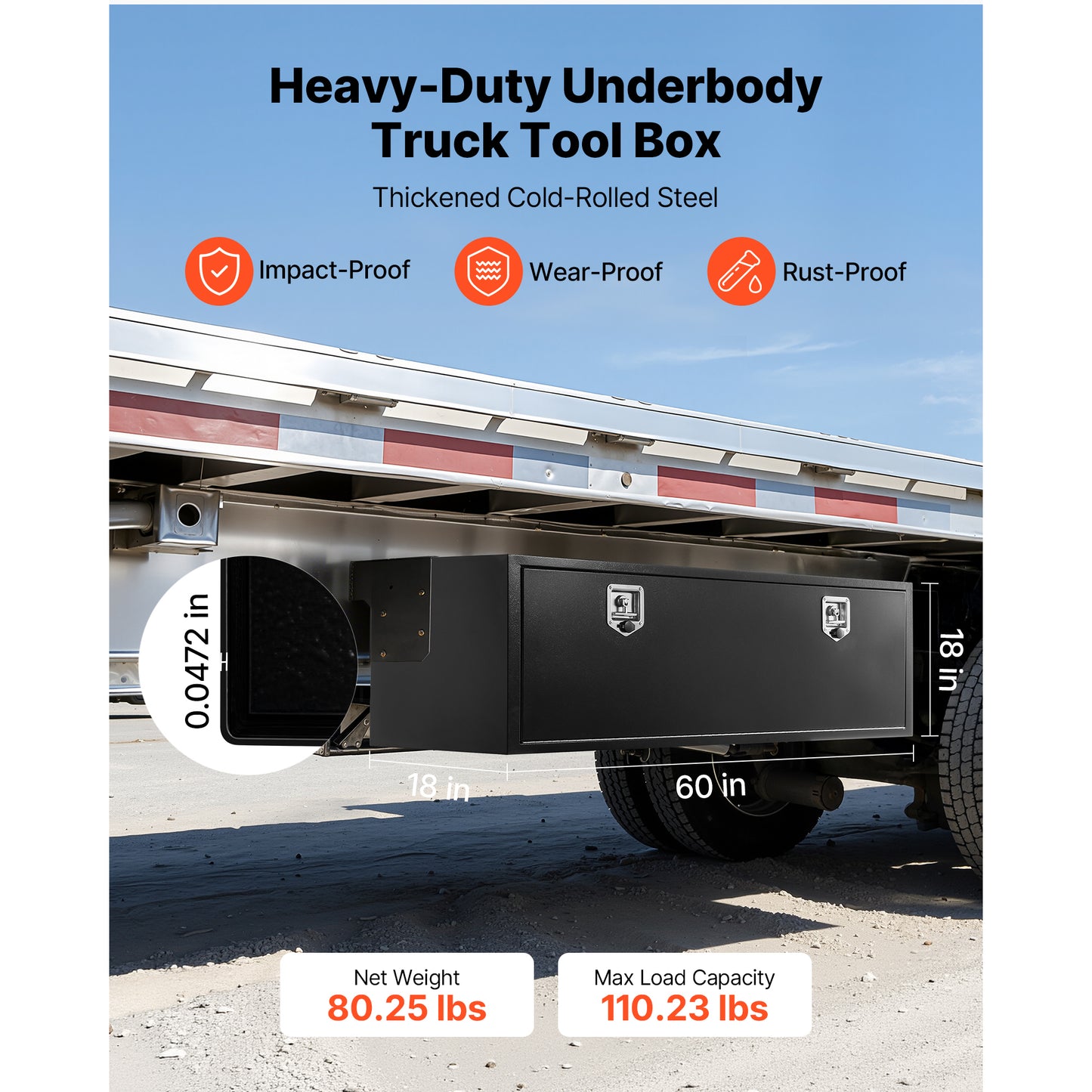 Heavy Duty Steel Truck Underbody Tool Box 60x18x18 Inch Waterproof Lockable Storage