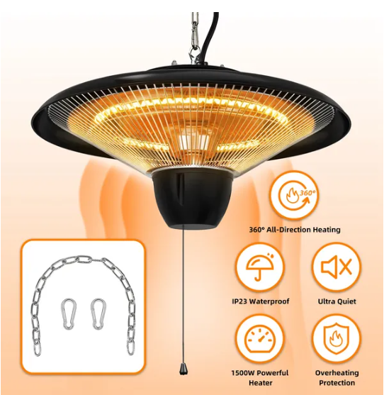 1500W Outdoor Hanging Patio Heater - Ultra-Quiet Electric Heating Lamp, Waterproof, Adjustable Chain
