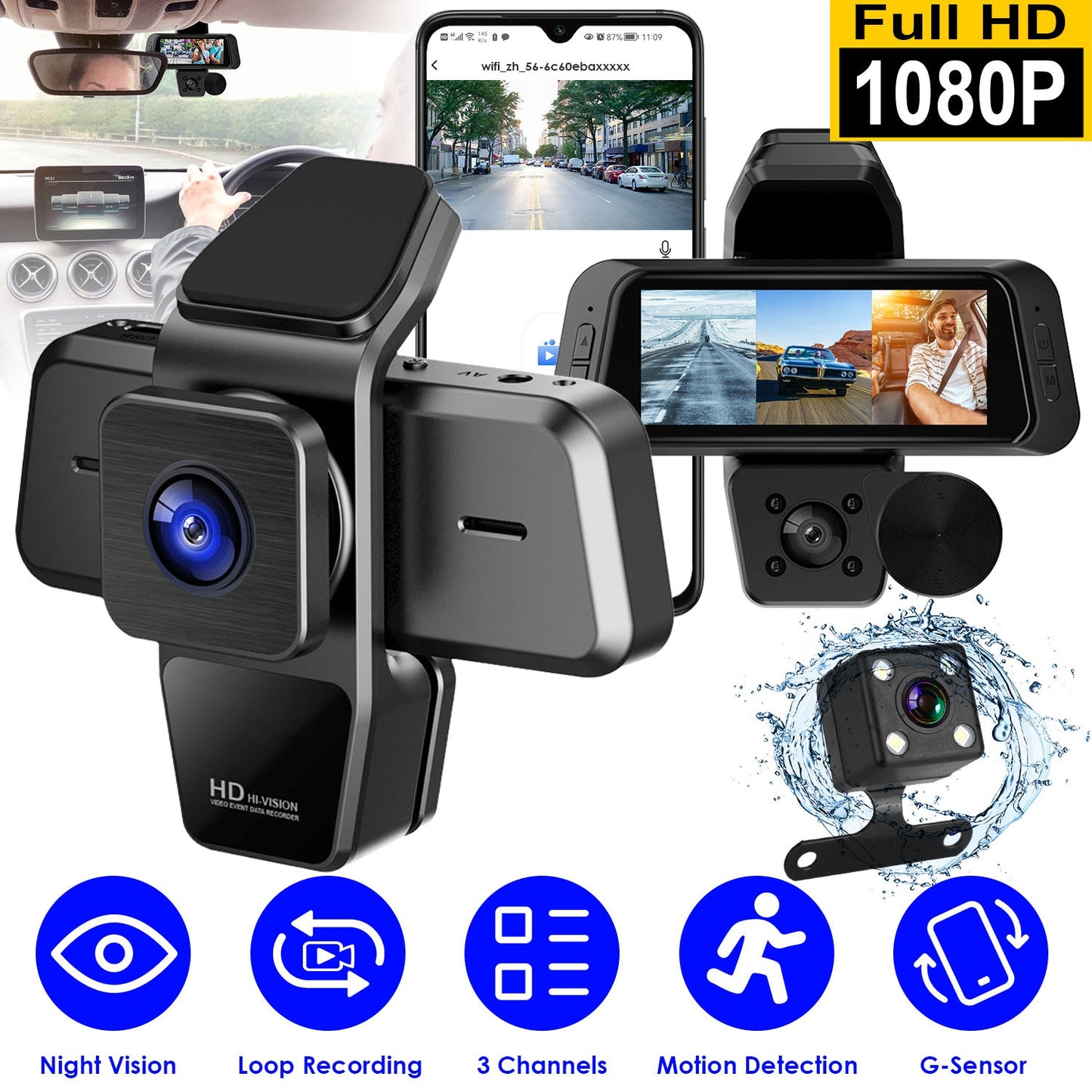 1080P FHD 3-Channel WiFi Dash Cam with Night Vision & Motion Detection