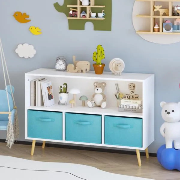Kids Bookcase with Fabric Drawers - White/Blue Toy Organizer