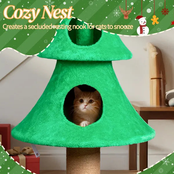 59in Large Christmas Tree Cat Tower with 2 Condos & Scratching Post