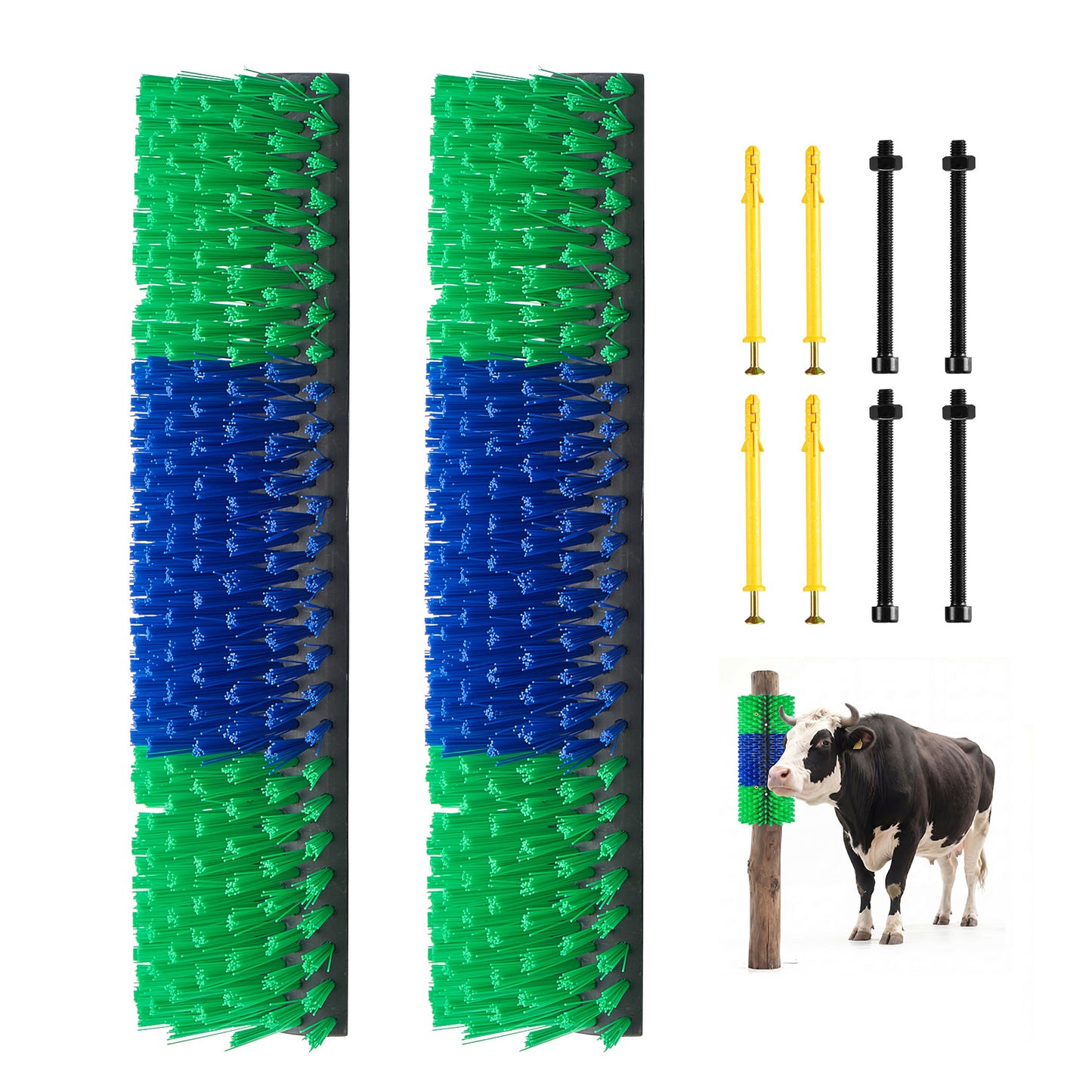 Livestock Scratching Brush Set - 2 Pieces, 16.9 x 7.5 Inches for Cattle, Sheep, Horses, Pig, Green & Blue