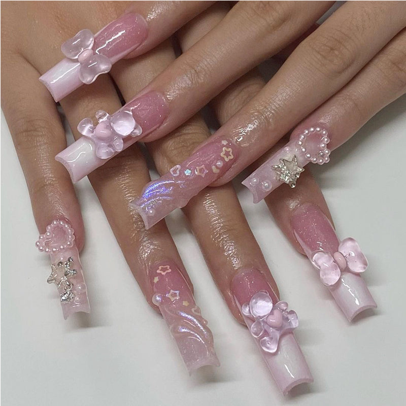 24-Piece Bear and Bowknot Press-On Nails - Long Square Fake Nail Set - Pink