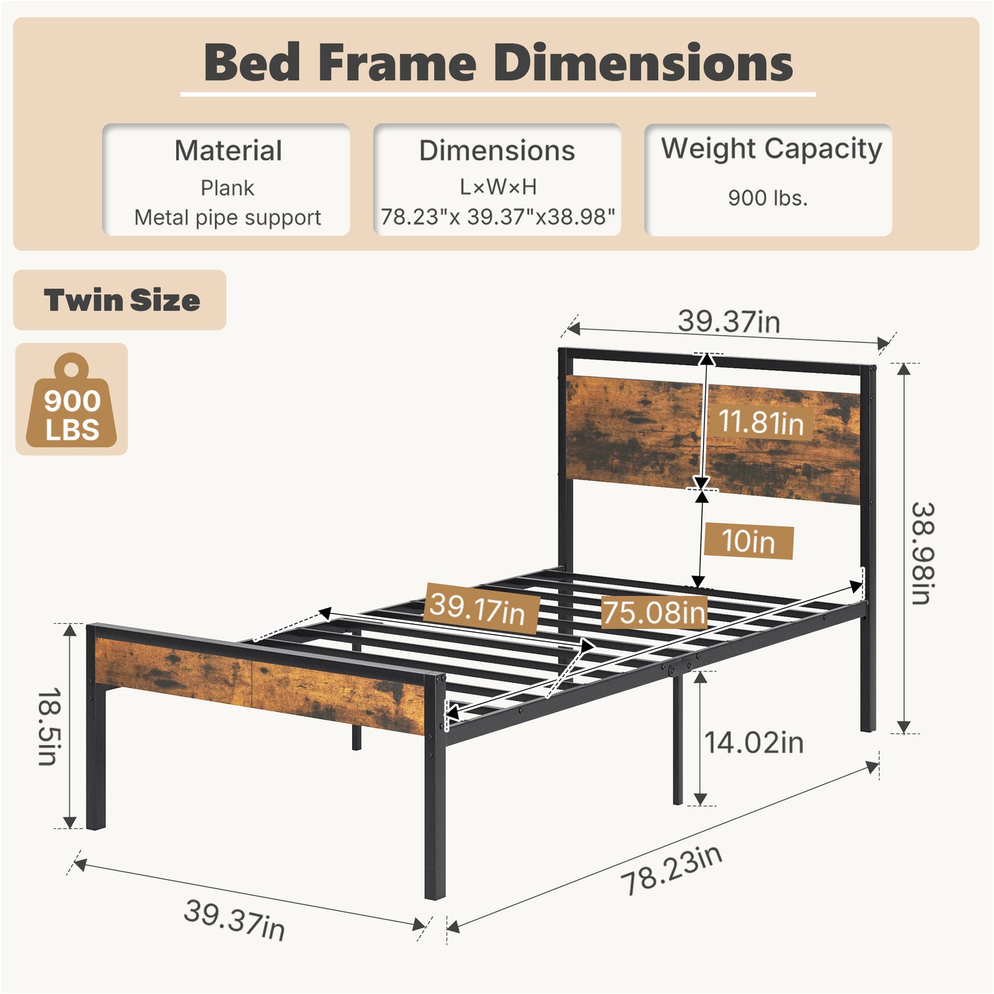 Heavy-Duty Metal Platform Bed with Wooden Headboard and Storage
