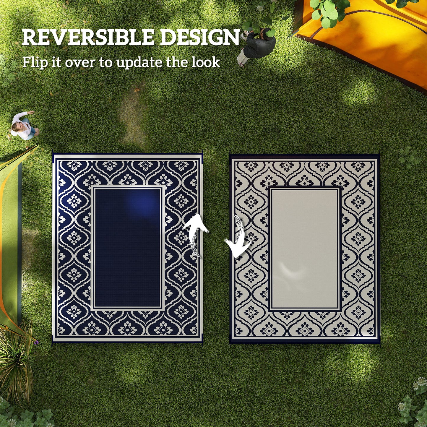 Reversible Waterproof Outdoor Rug - 8' x 10', Blue & White Gourd Border