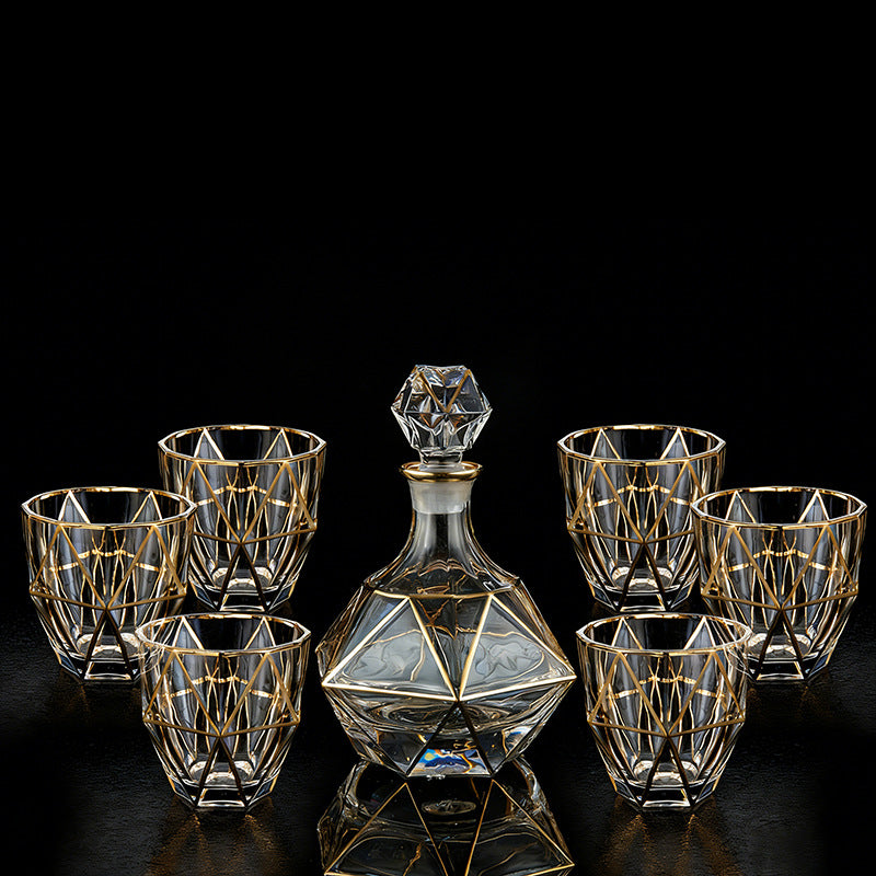 Crystal Whisky Glass Set - Home Bar Drinkware with Gilded Pattern