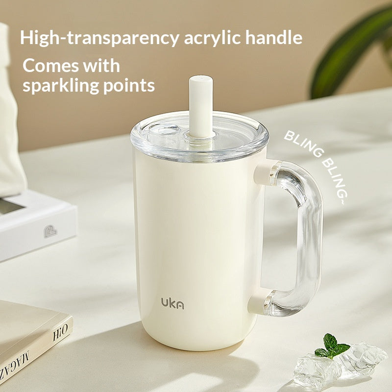 Insulated Ceramic Drink Mug with Straw & Handle, Large Capacity 700ml
