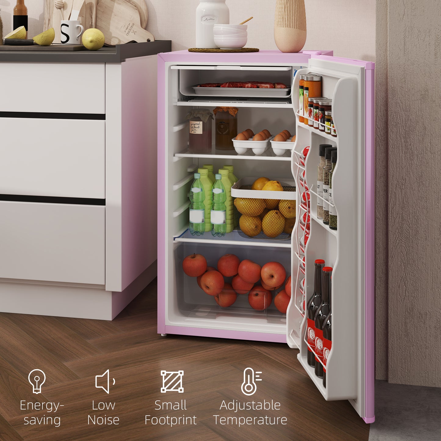 Pink Mini Fridge with Freezer, 3.2 Cu Ft Compact Refrigerator, Reversible Door