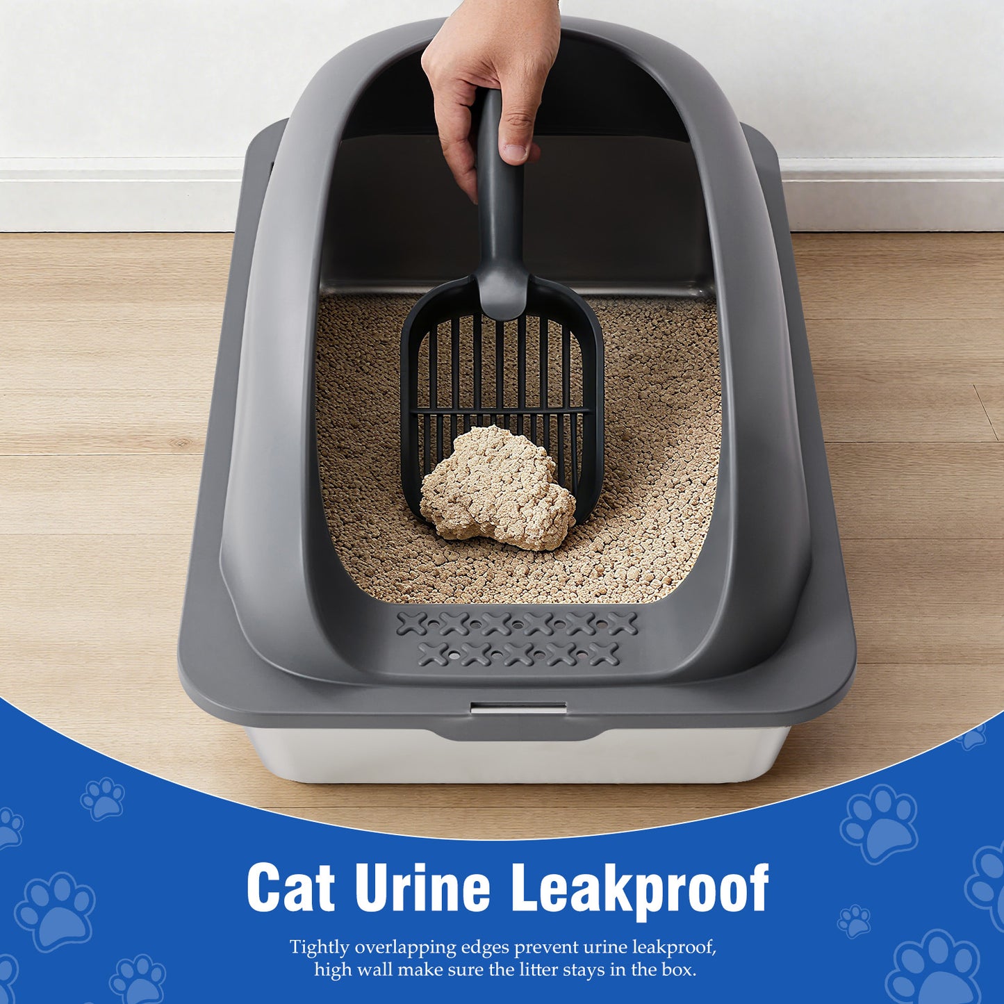 Large Stainless Steel Cat Litter Box with Lid, Odor-Free, Easy to Clean, Includes Scoop & Mat