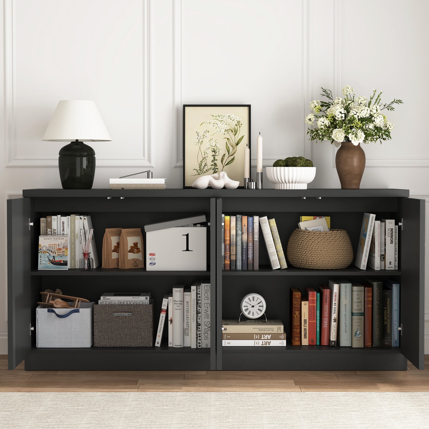 Black Buffet Cabinet with 4 Doors & Shelves - 62.6" Sideboard
