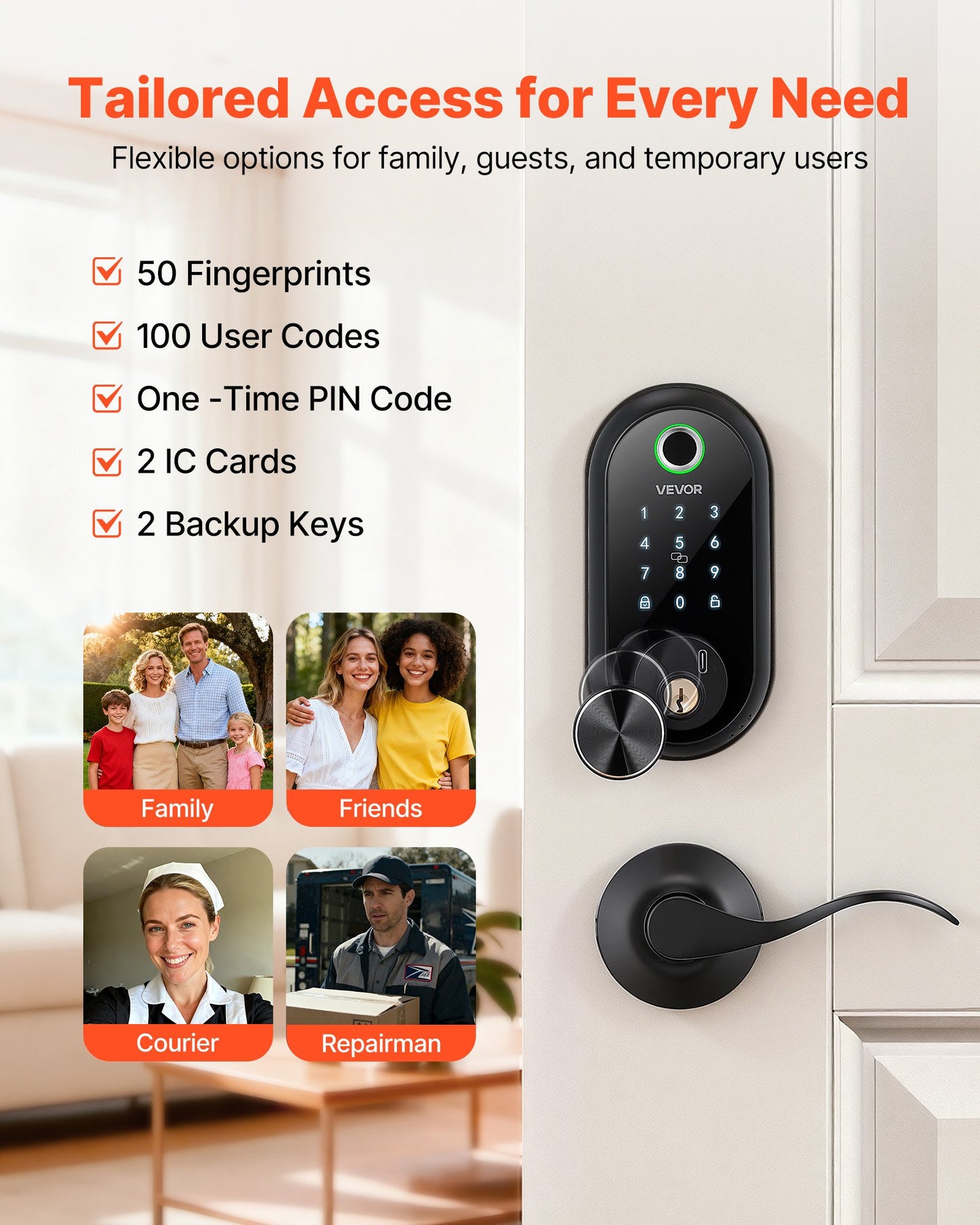 Keyless Fingerprint Door Lock Set with Handle - Touchscreen & Auto Locking, Matte Black