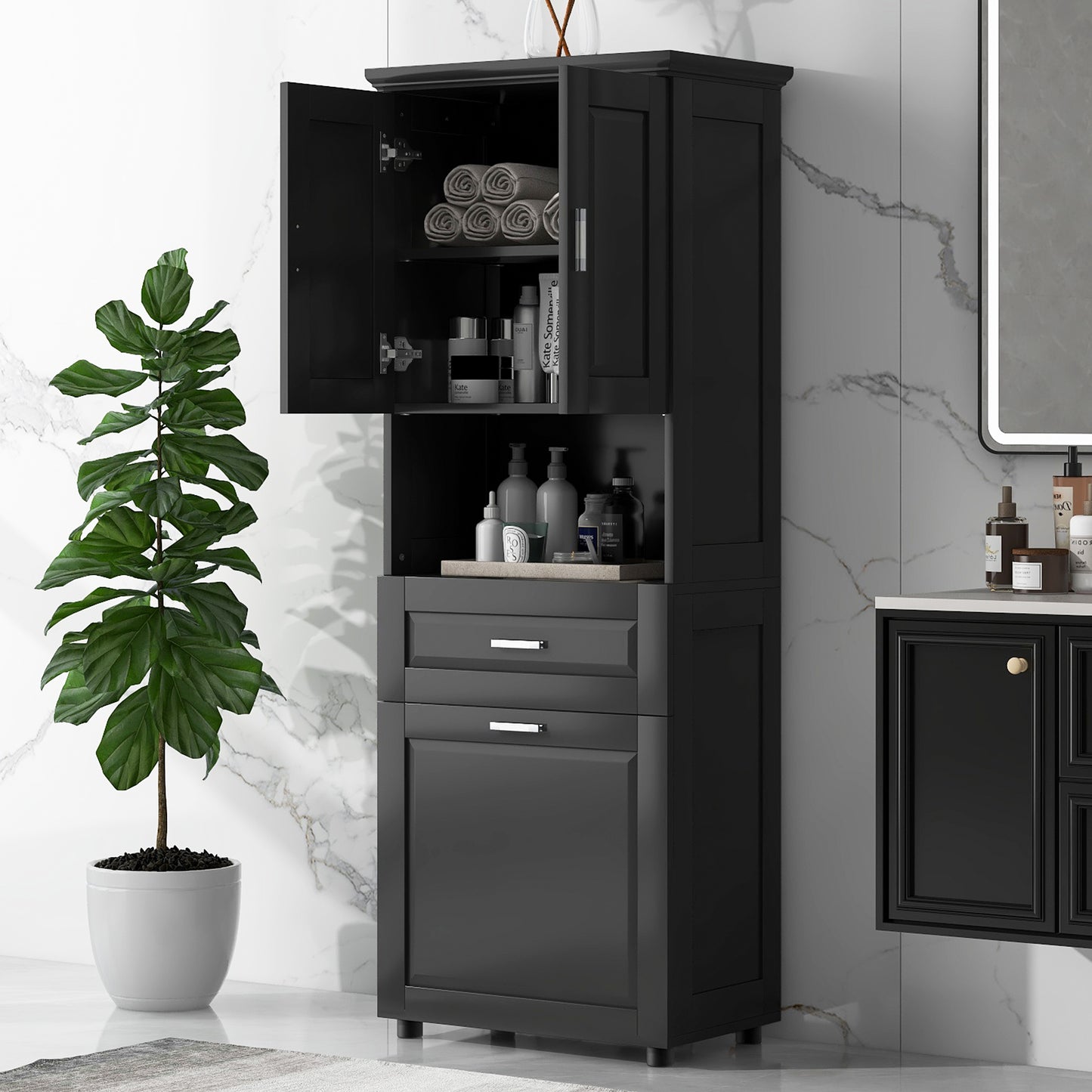 Tall Bathroom Cabinet with Laundry Basket - Black Storage Unit