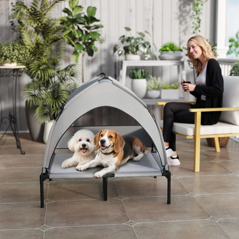 Outdoor Elevated Dog Bed with Canopy and Cooling Pad - Portable Waterproof Pet Cot