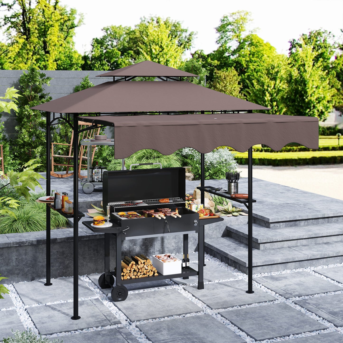 Outdoor Grill Gazebo with Side Shelves & Hooks - Brown