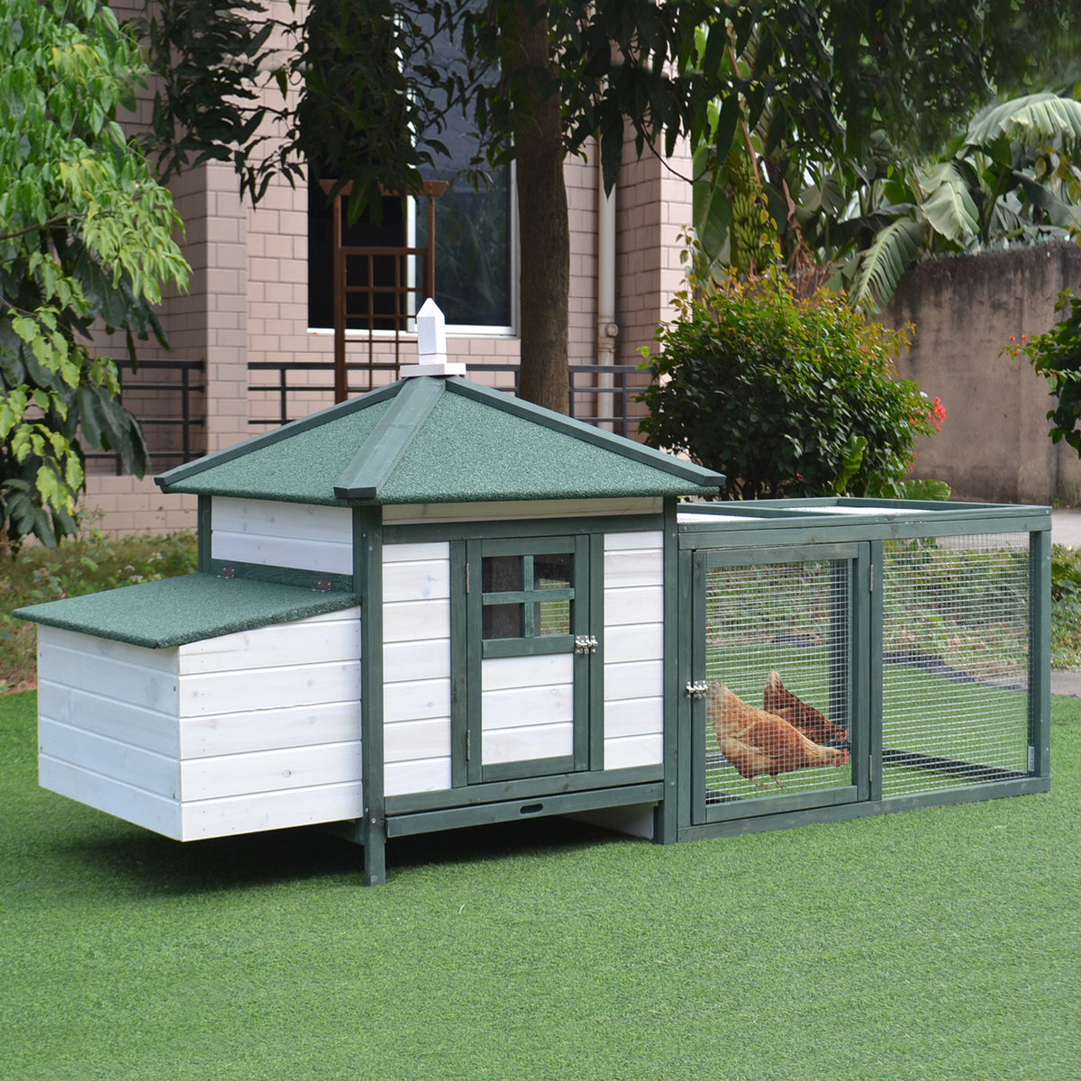 77-Inch Wooden Chicken Coop with Weatherproof Roof & Enclosed Run