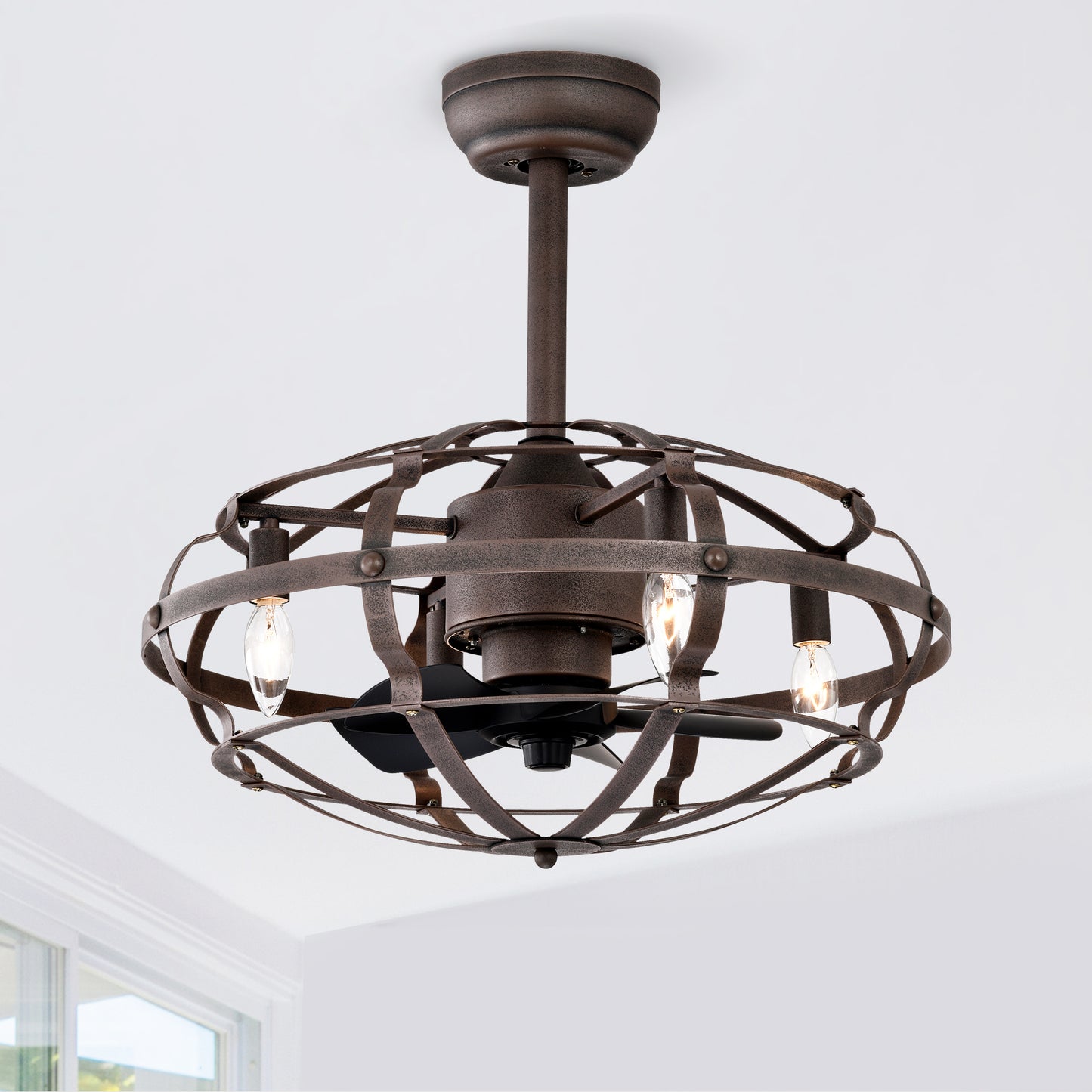 20.63 Inch Caged Ceiling Fan with Lights - Rust Red, Remote Control